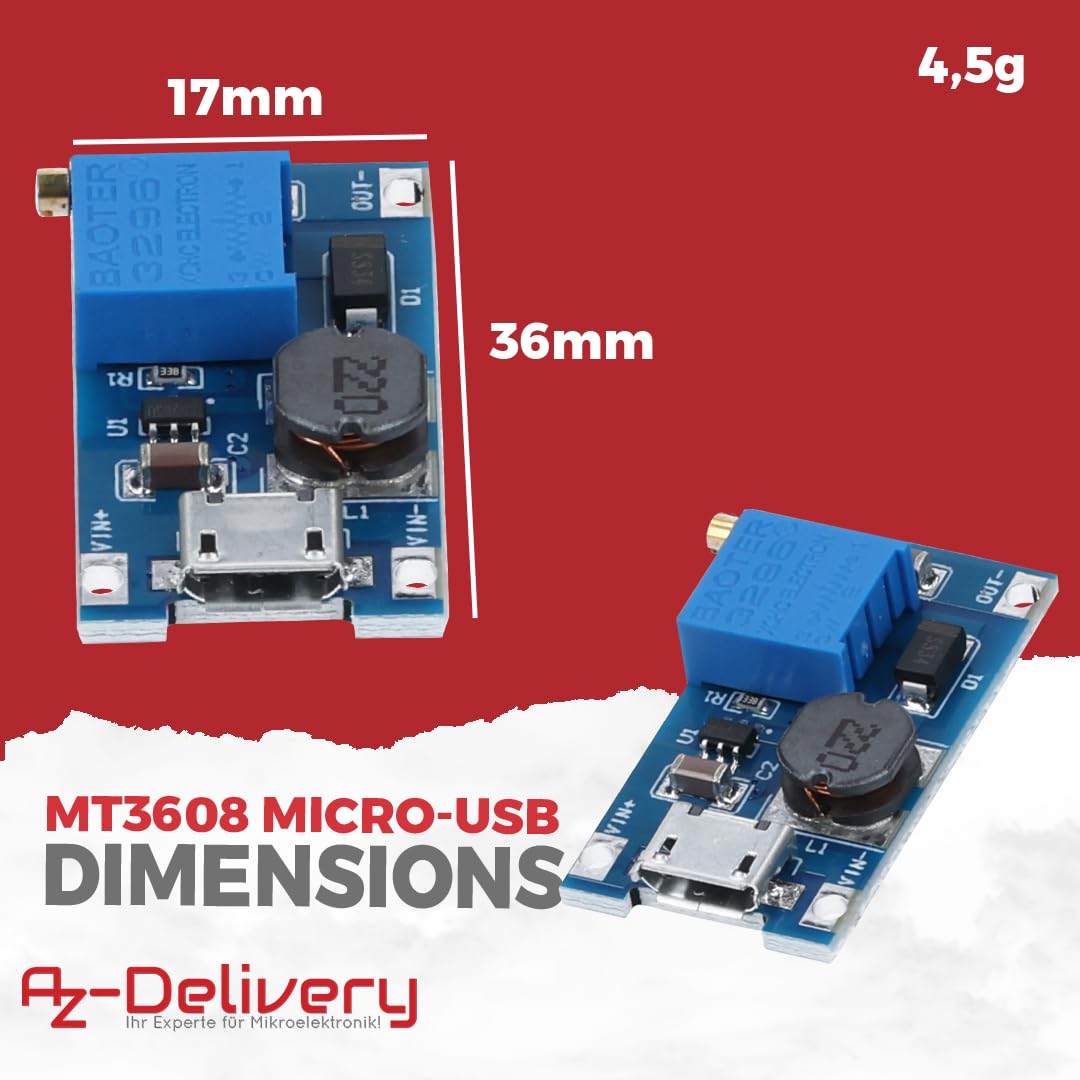 2A DC - DC Boost Step - Up Wandler, MicroUSB – Universeller Spannungsregler, 2V - 24V zu 5V - 28V, für MT3608 - AZ - Delivery
