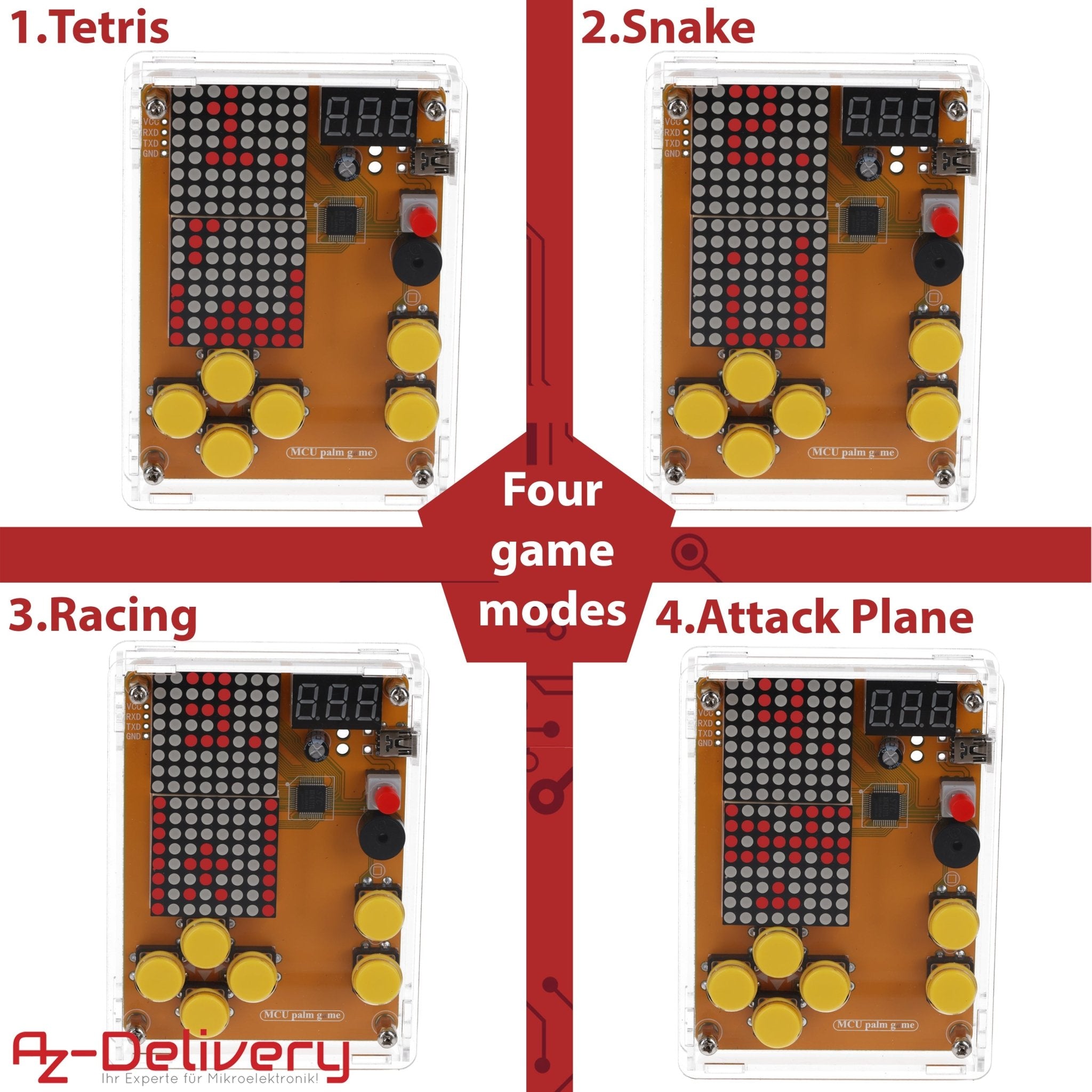 DIY Elektronik Bausatz - Spielekonsole mit transparenten Gehäuse, Retro Handheld Elektronik Kit für Anfänger & Fortgeschrittene, Lötset zum Löten Lernen & Basteln mit LED - Matrix und Punktanzeige - AZ - Delivery