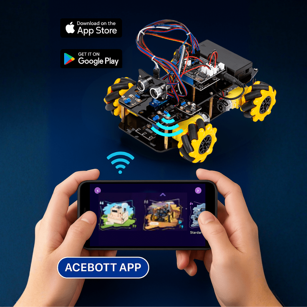 STEM Roboterauto - Starterkit, Mecanum - Wheels mit ESP32 - Controller - Board | Unterstützt Arduino und ACECode Programmierung - AZ - Delivery