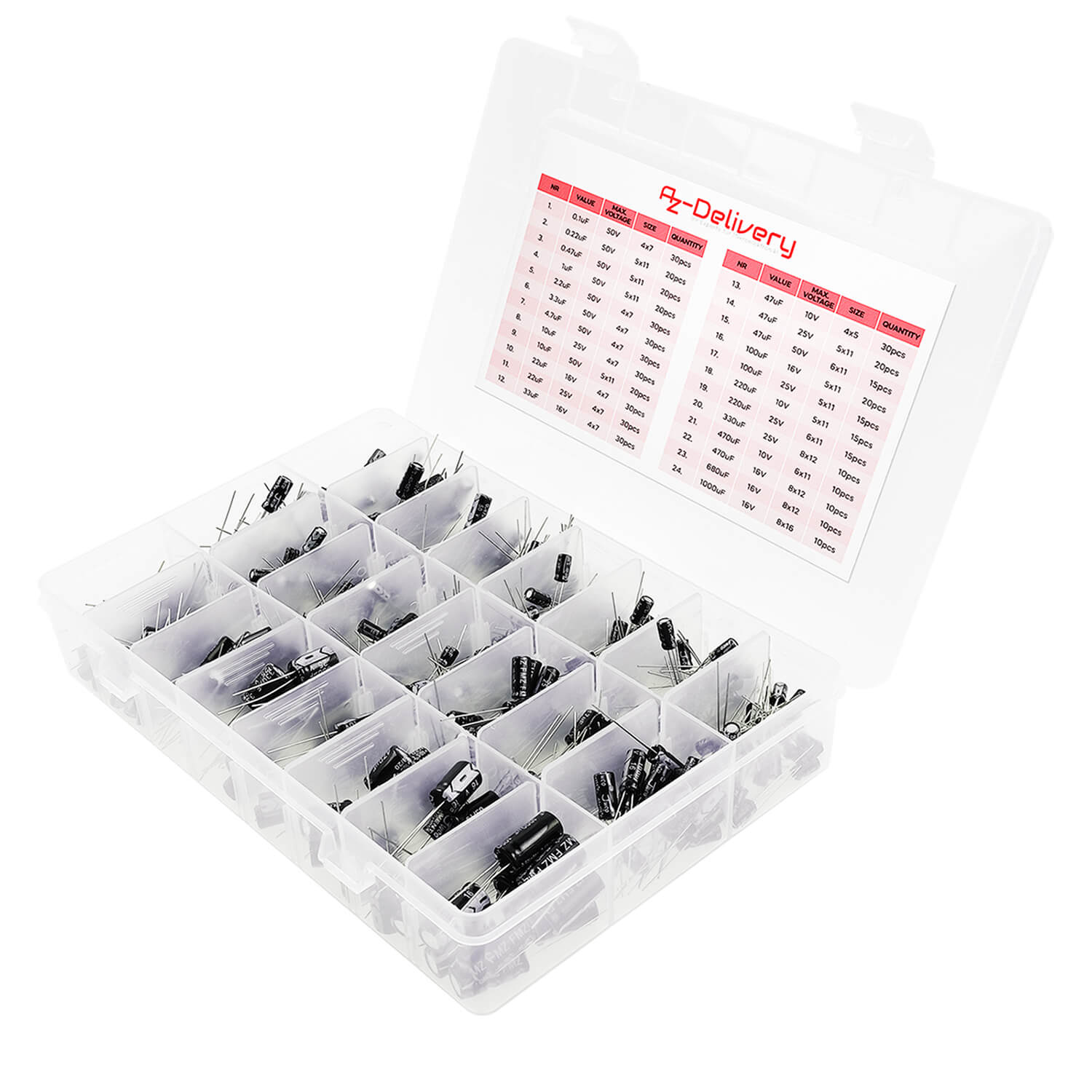 ElKo Sortiment Elektrolytkondensator Aluminium 24 Varianten, 500 Stück 0.1uF – 1000uF mit Aufbewahrungsbox kompatibel mit Arduino - AZ-Delivery