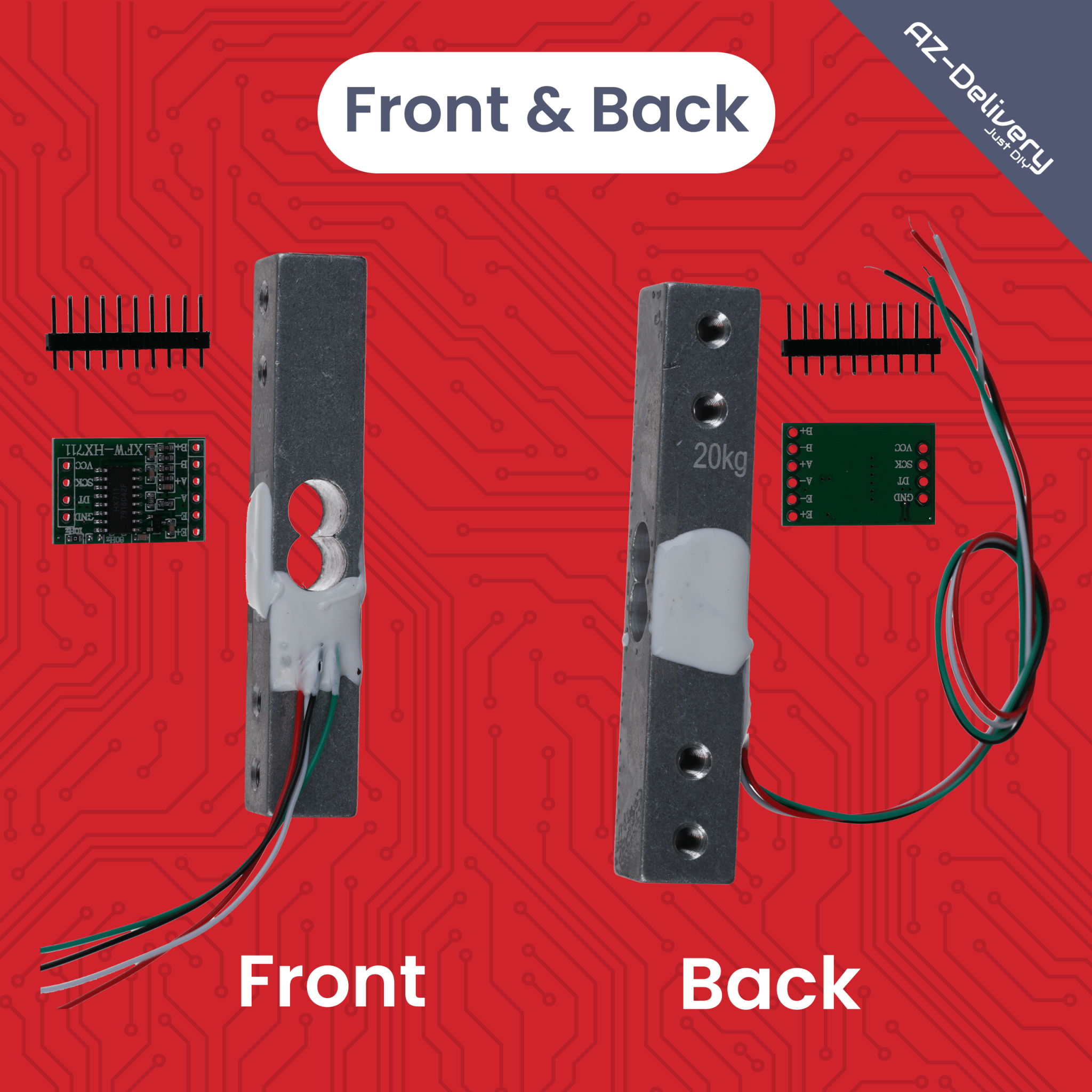 Wägezelle 20 kg mit HX711 Modul – Präzisionssensor zur Gewichtsmessung kompatibel mit Arduino & Raspberry Pi – Set inkl. Verstärker - ADC zur Kraftmessung - AZ - Delivery