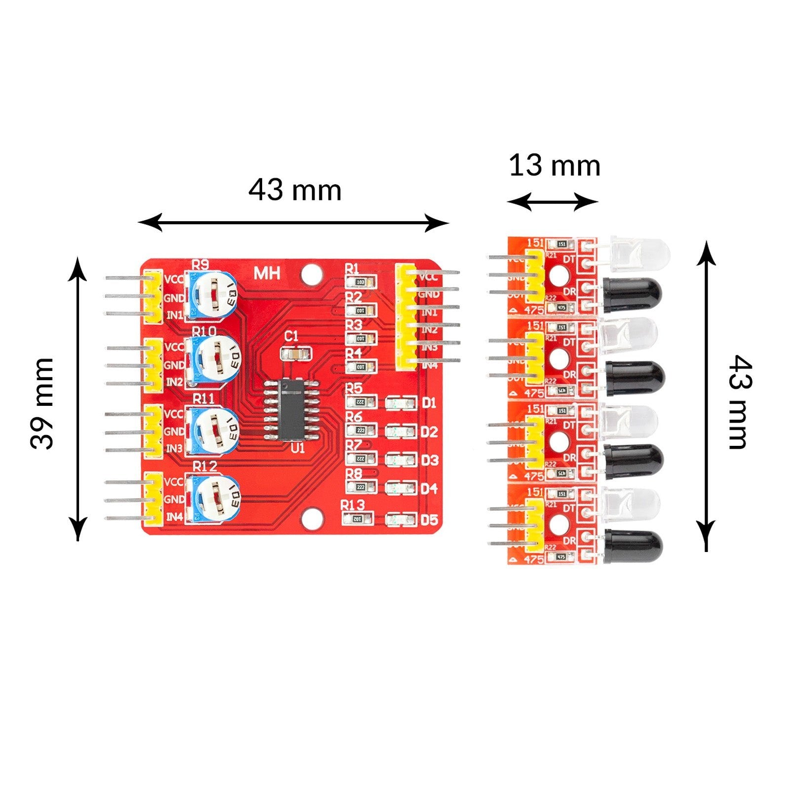 Líneas infrarrojas de 4 canales Reflexión de reflexión Módulo de sensor SMART Conjunto de módulo de detector de distancia inteligente con prevención de obstrucción automática y evitación de obstáculos PCB