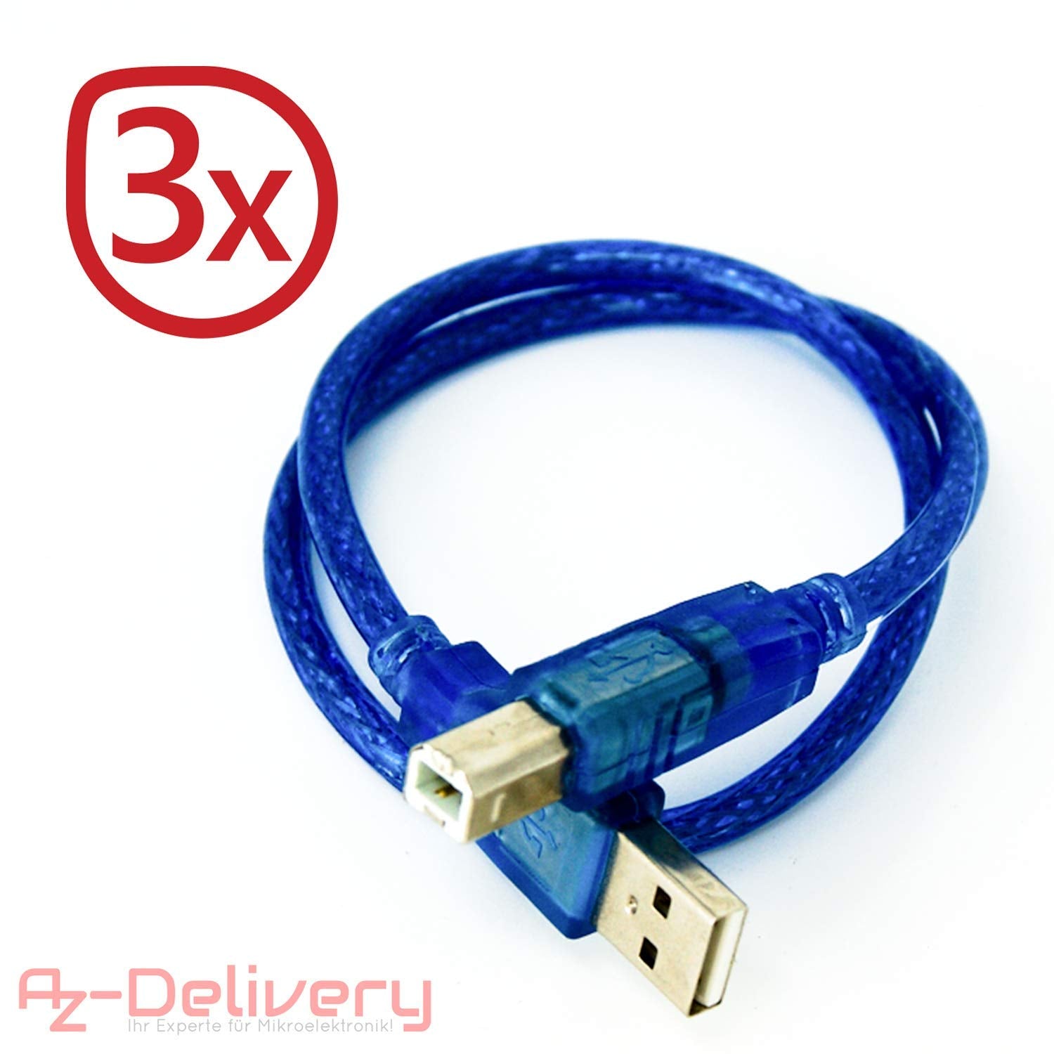 Blaues USB-B auf USB-A Kabel kompatibel mit UNO R3 und Mega 2560 und jeglichen Arduino Entwicklungs-Boards und Mikrocontrollern - AZ-Delivery