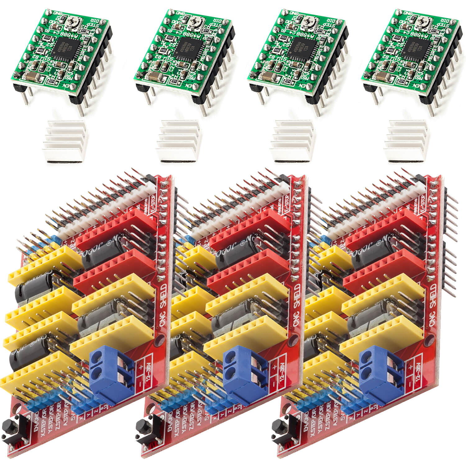 CNC Shield V3 Bundle mit 4 Stück A4988 Schrittmotor Treiber Stepper mit Kühlkörper für 3D Drucker kompatibel mit Arduino - AZ-Delivery