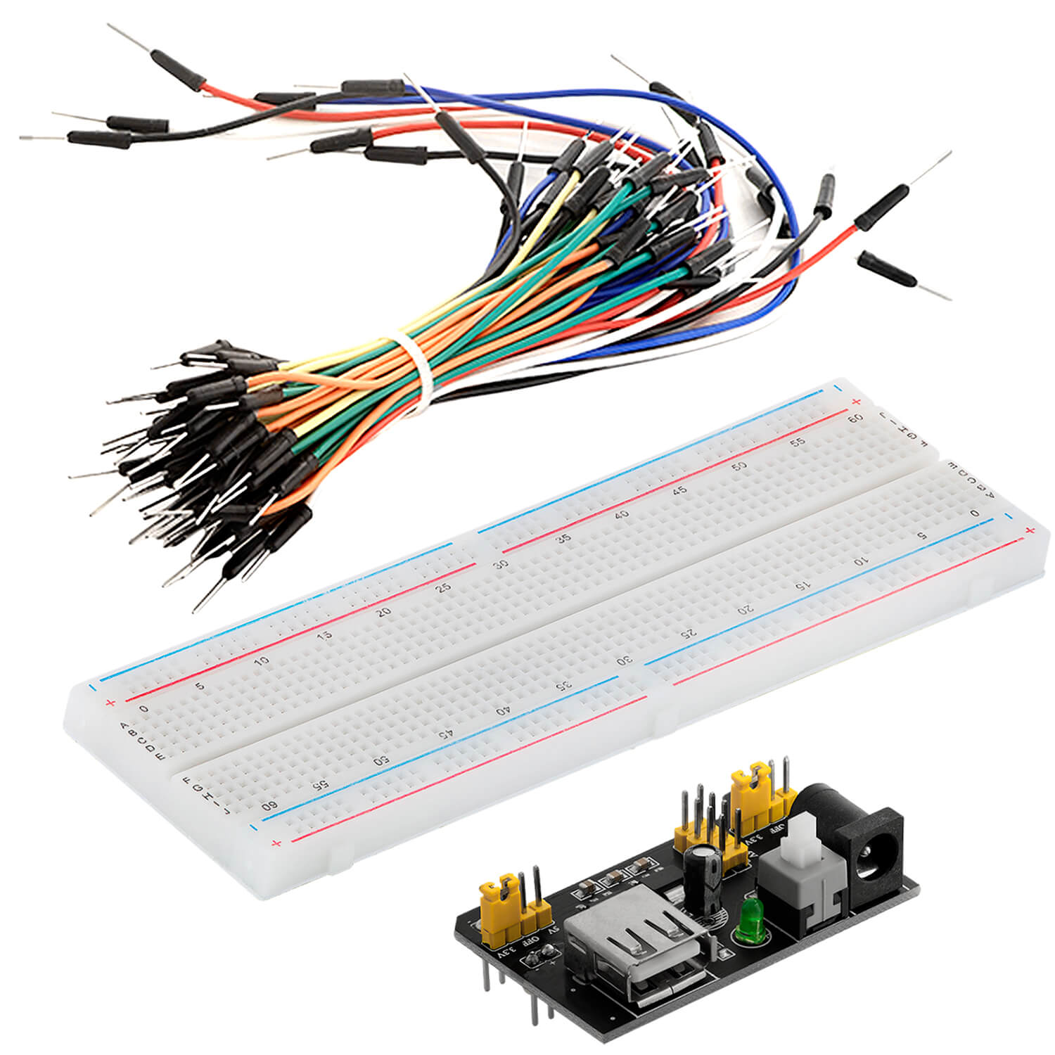 MB 102 Breadboard Kit - 830 Breadboard, Netzteil Adapter 3,3V 5V, 65Stk Steckbrücken - AZ-Delivery