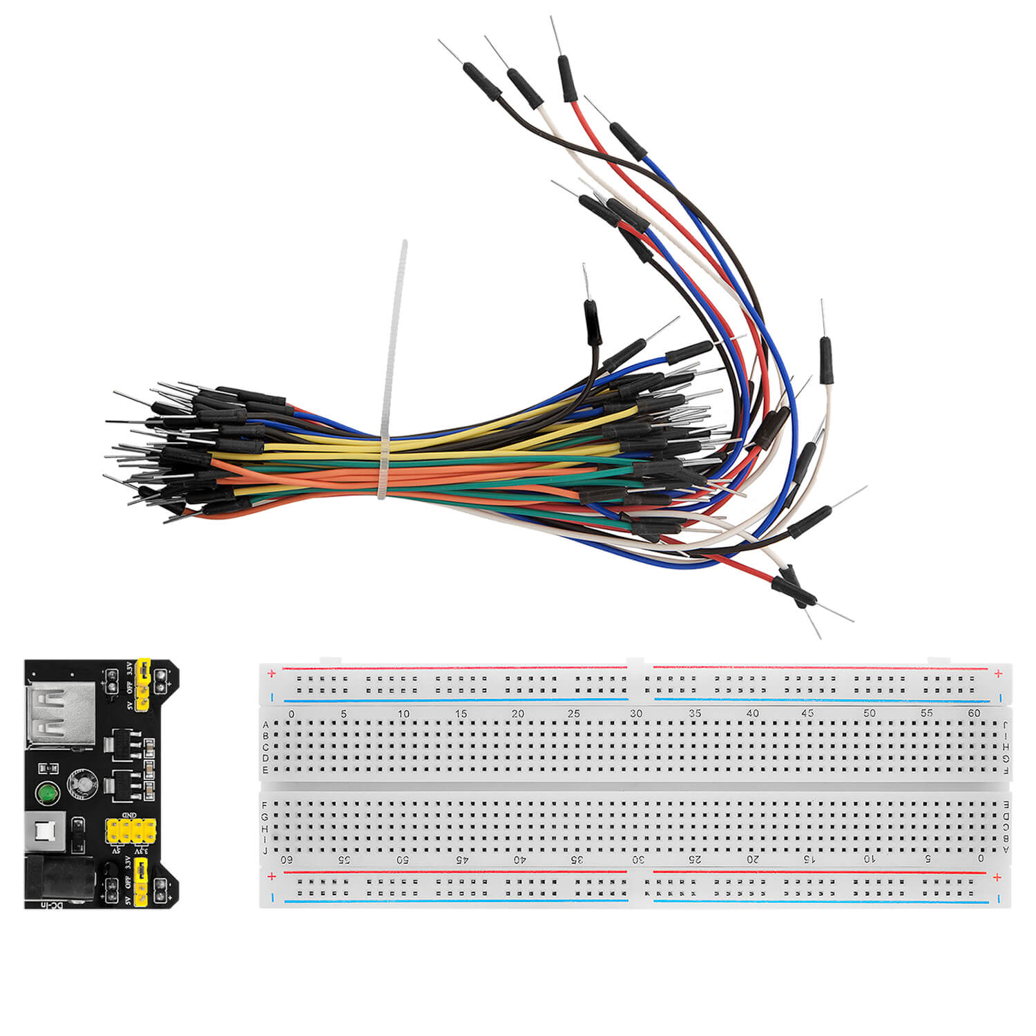 MB 102 Breadboard Kit - 830 Breadboard, Netzteil Adapter 3,3V 5V, 65Stk Steckbrücken - AZ-Delivery