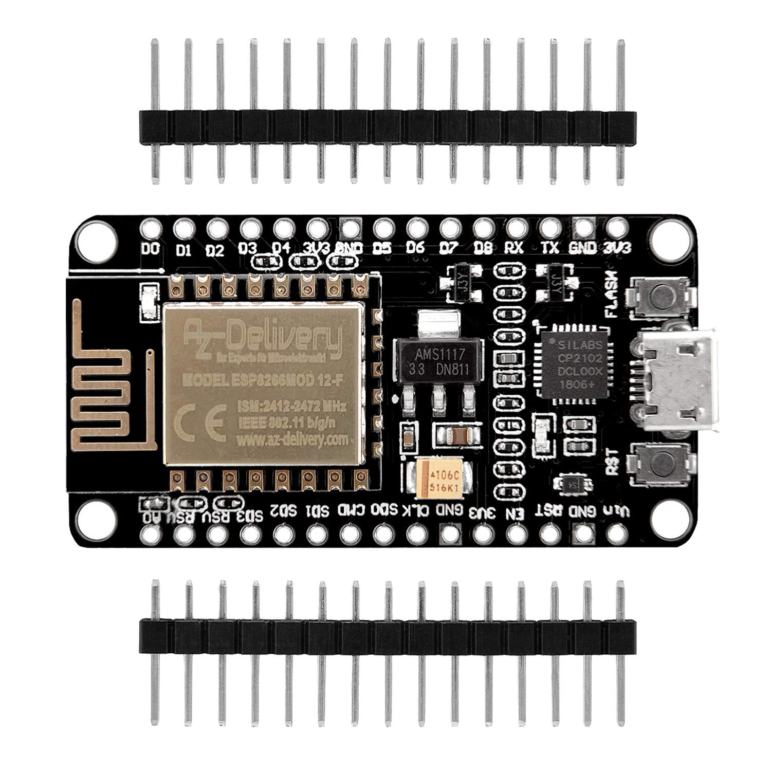 NodeMCU Lua Amica Modul V2 ESP8266 ESP-12F WIFI WLAN unverlötet mit CP2102 - AZ-Delivery